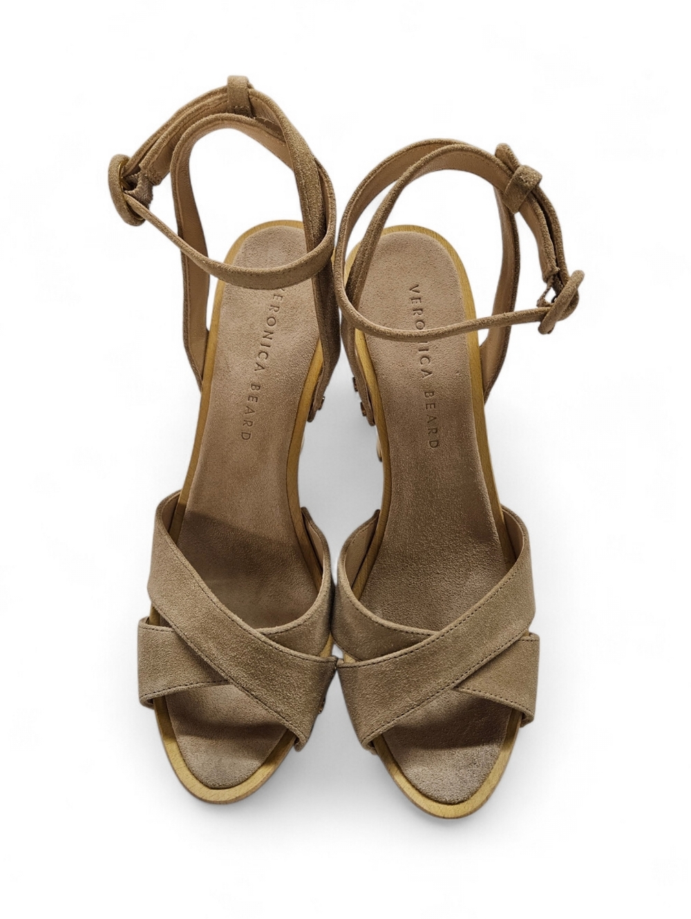 Veronica Beard Lamont Plaform Ankle Strap Heels In Tan Suede And Wood Size 8.5 - Picture 3 of 9